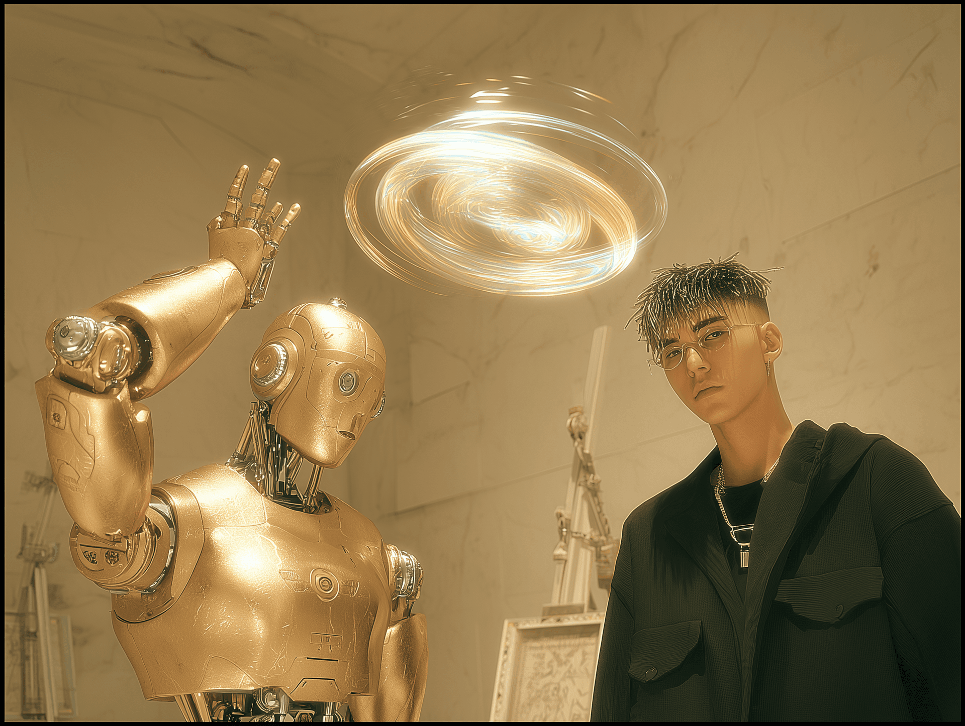 Artist and robot, Bauhaus-inspired