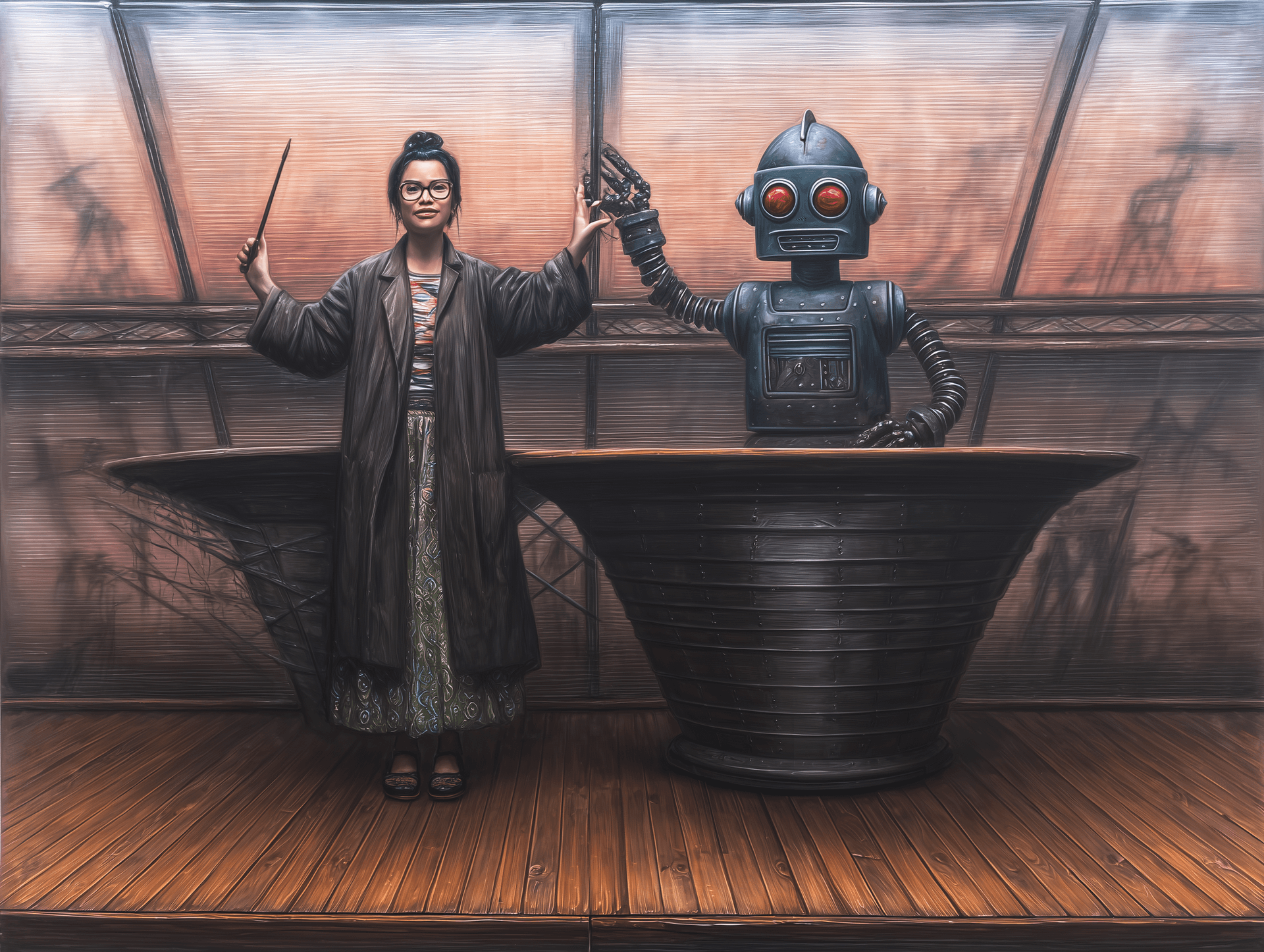 Artist and robot working together